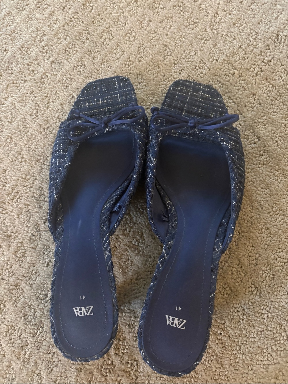 Zara Navy Tweed Square-Toe Bow Mules
